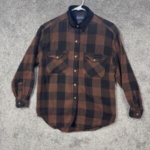 ATLAST&Co. Shirt M Brown Black Flannel Plaid Velour Collar Cozy Indie Outdoorsy
